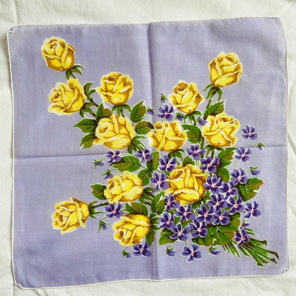 Vintage MCM Handkerchief Floral Bouquet Purple Violets Yellow Roses Rolled Edge - Picture 7 of 7